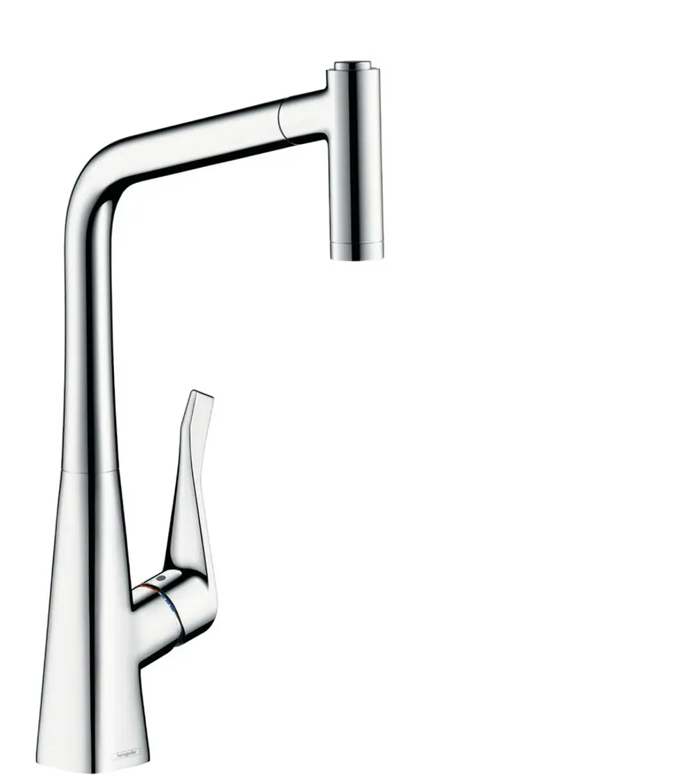 Einhebel-Küchenmischer in glänzendem Chrom mit einem hohen Auslauf und einer ausziehbaren Brause. Modell von Hansgrohe.